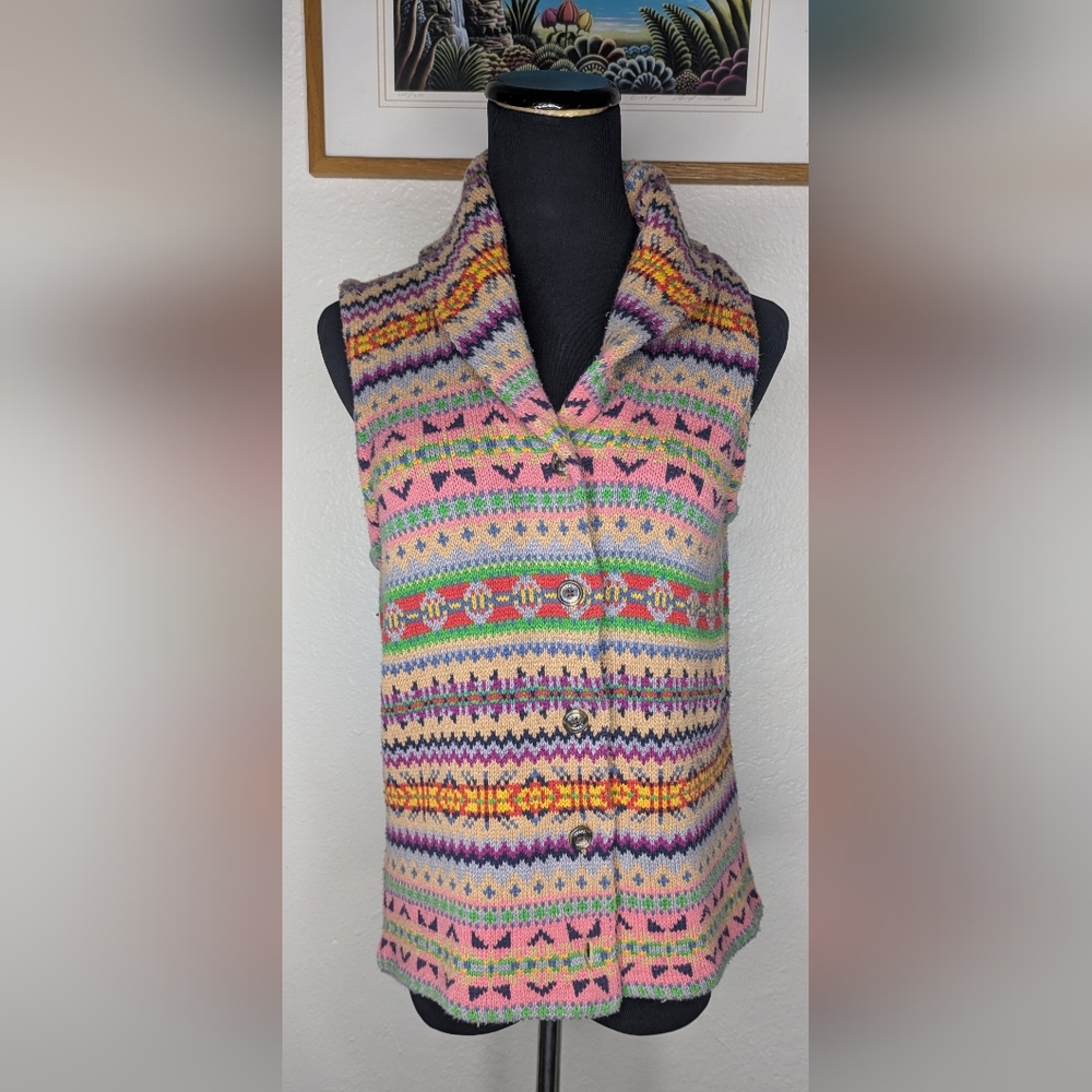 Vtg Ralph Lauren Chaps Women's Aztec Sleeveless Cardigan Button Up Sweater Sz M